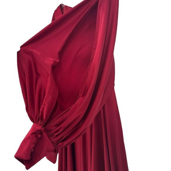 Mac Duggal‎ Flowy Split Bishop Sleeve Wine Faux Wrap Gown Dress Size 8 Women's - Picture 6 of 15